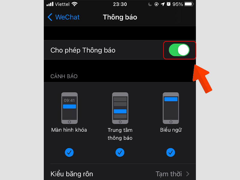 Gạt nút sang phải để bật thông báo WeChat