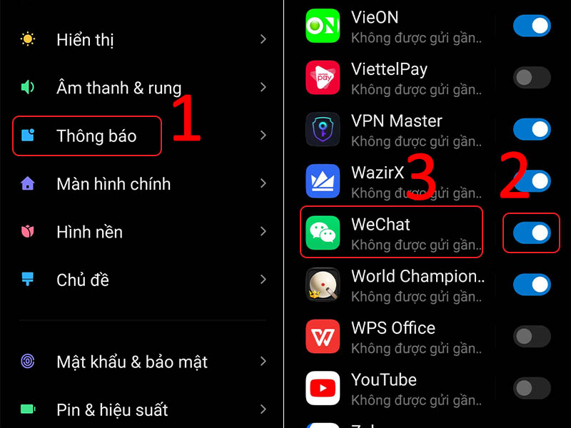 Vào cài đặt thông báo của WeChat