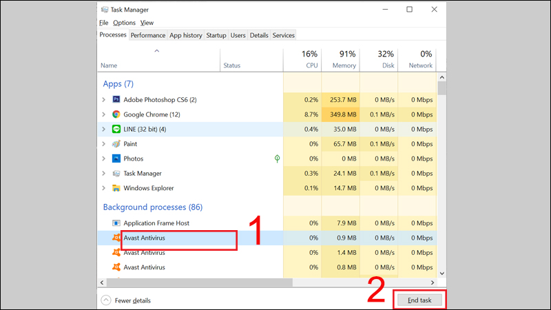 Tắt chương trình diệt virus Avast