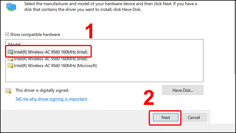 Chọn Driver phù hợp và nhấn Next