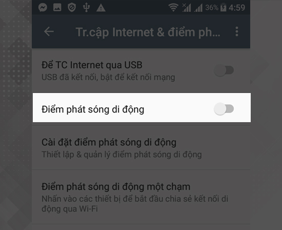 Bước 4: Chọn bật Điểm phát sóng di động