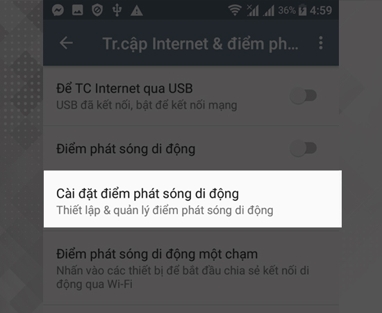 Bước 4: Để biết được mật khẩu wifi bạn phát ra là gì bạn có thể vào thiết lập điểm phát sóng wifi.
