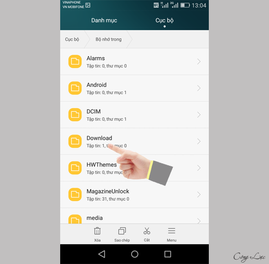 nhấn giữ thu mục cần di chuyển