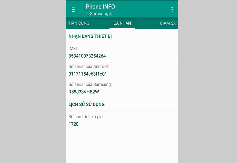Tab Cá nhân để kiểm tra số chu trình xả pin, IMEI của thiết bị và số serial
