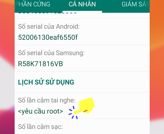 Bước 6: Tại đây bạn hãy mở tab Cá nhân để kiểm tra số lần sạc và cắm tai nghe của máy.