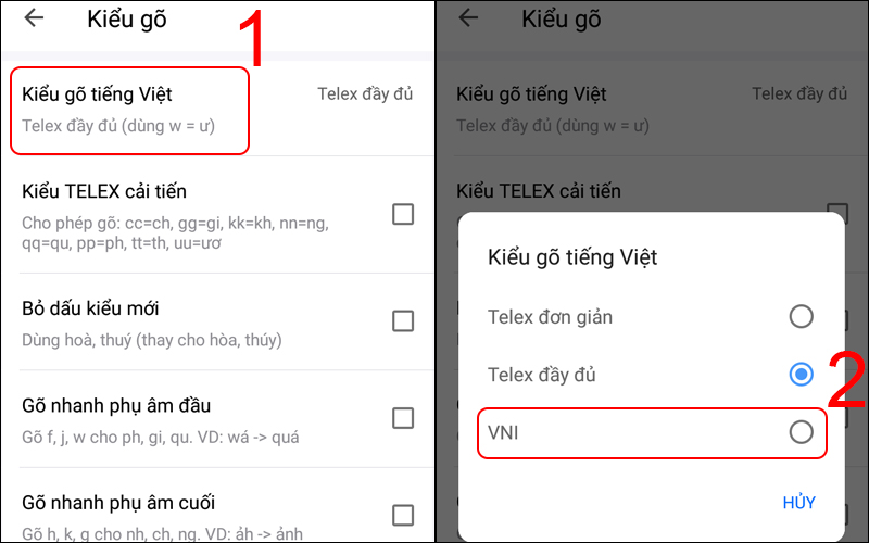 Chọn Kiểu gõ tiếng Việt và chọn VNI