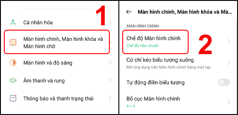 Chọn Chế độ màn hình chính trong phần cài đặt