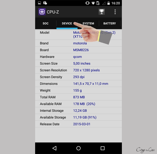 vào xem dung lượng ram, độ phân giải màn hình