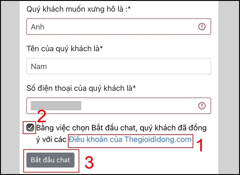 Chọn đồng ý với các Điều khoản của Thegioididong,com và Bắt đầu chat