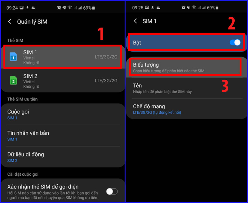 Cách bật, tắt 1 SIM, đổi tên SIM