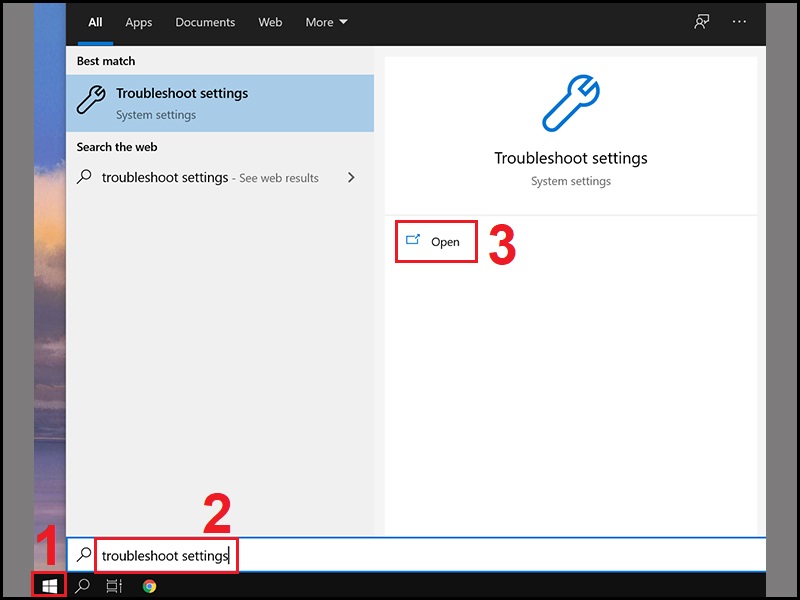Mở Troubleshoot Settings