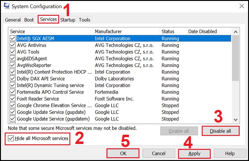 Tiếp tục thực hiện các thao tác trong mục Services