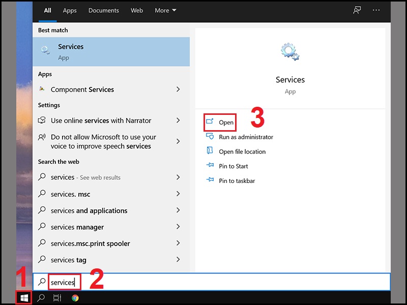 Mở cửa sổ Services