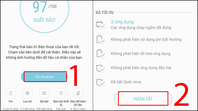 Nhấp vào Tối Ưu Ngay, điện thoại sẽ tiến hành đóng cách ứng dụng chạy ngầm > Nhấn Hoàn Tất