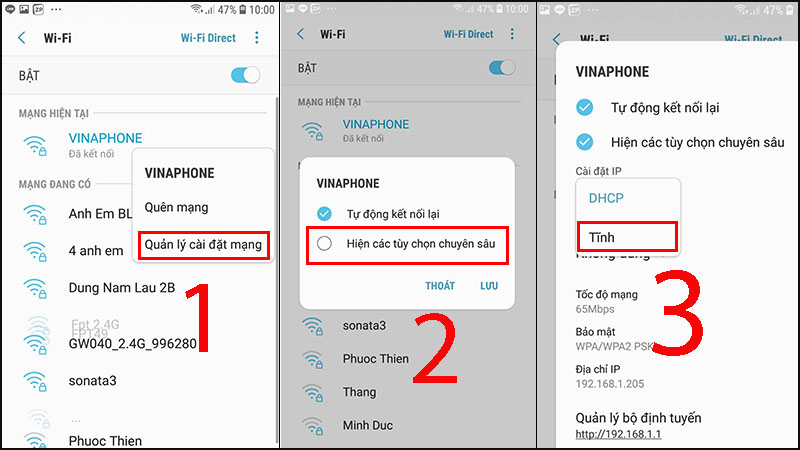 Chọn vào Quản lý cài đặt mạng > Tích vào ô Hiện các tùy chọn chuyên sâu > Cài đặt IP chọn Tĩnh