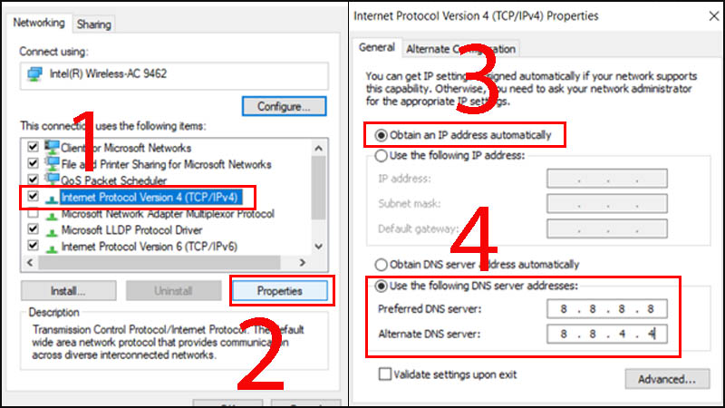 Click chuột vào Internet Protocol Version 4 (TCP/IP4) > Chọn Properties
