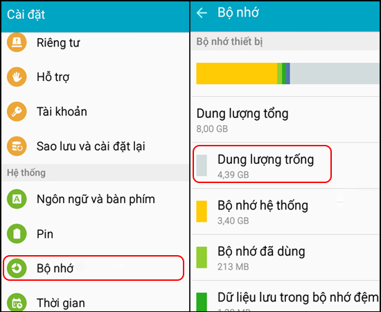 Bộ nhớ - Xem dung lượng trống.