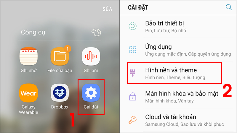 Bước 2: Chọn Cài đặt  Chọn Hình nền và theme.