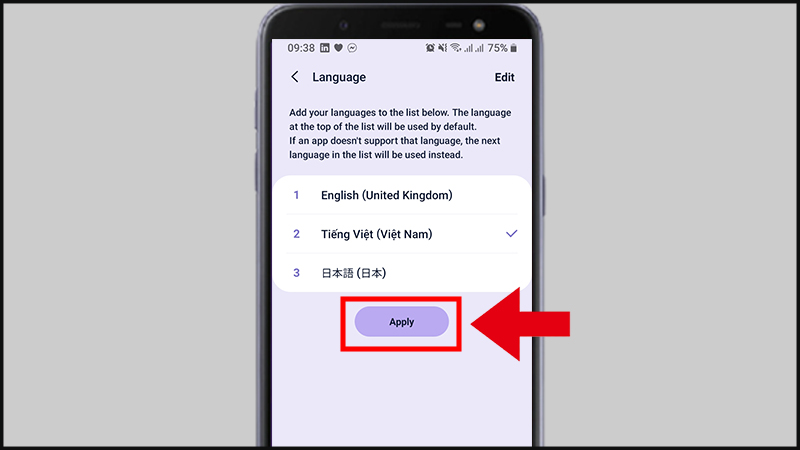 Chọn Apply để cài đặt ngôn ngữ tiếng Việt