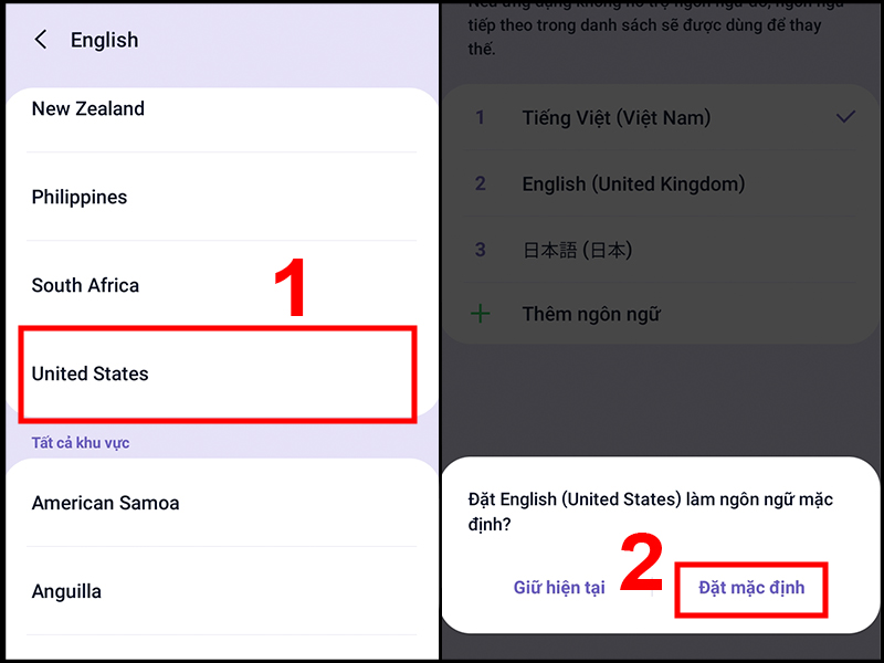 Chọn English (United States) rồi nhấn Đặt làm mặc định