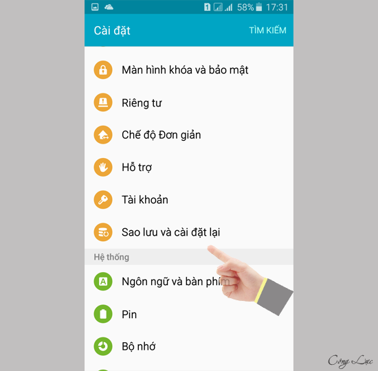 vào sao lưu và đặt lại