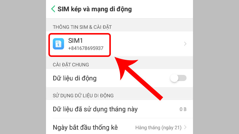 Chọn SIM 1 ở mục Thông tin sim & cài đặt