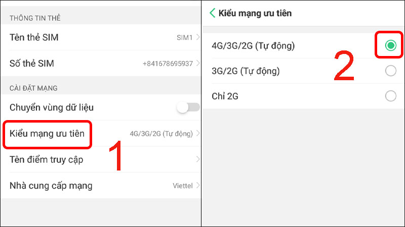 Tiến hành bật 4G cho điện thoại OPPO