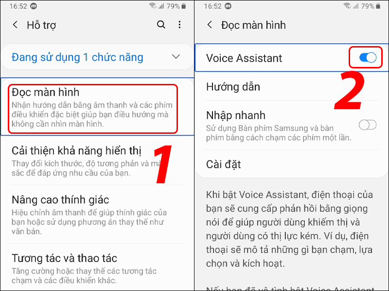 Chọn đọc màn hình và tắt Voice Assitant