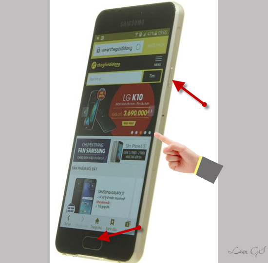 Chạm giữ hai phím nguồn và home 