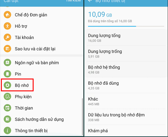 Bước 2: Chọn tiếp vào Bộ nhớ để kiểm tra tổng dung lượng và bộ nhớ trống.