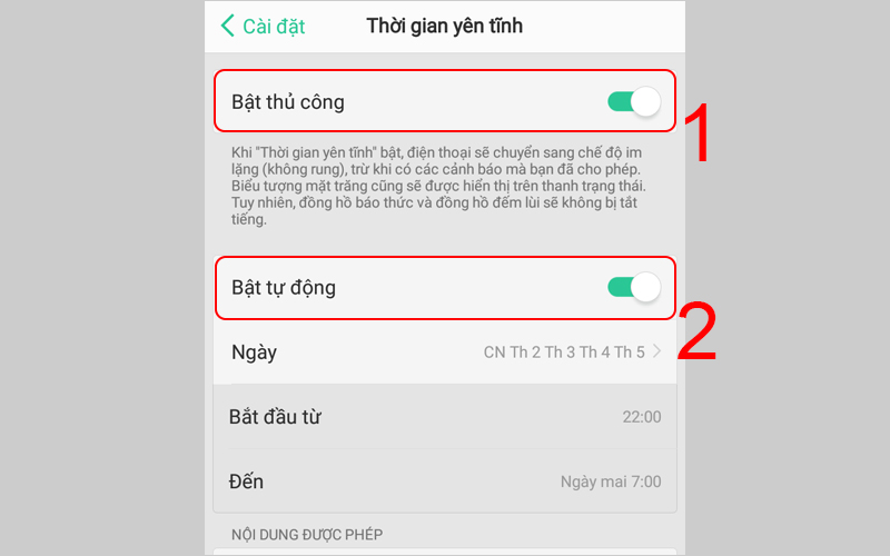 Trượt sang trái tại Bật thủ công và Bật tự động để tắt