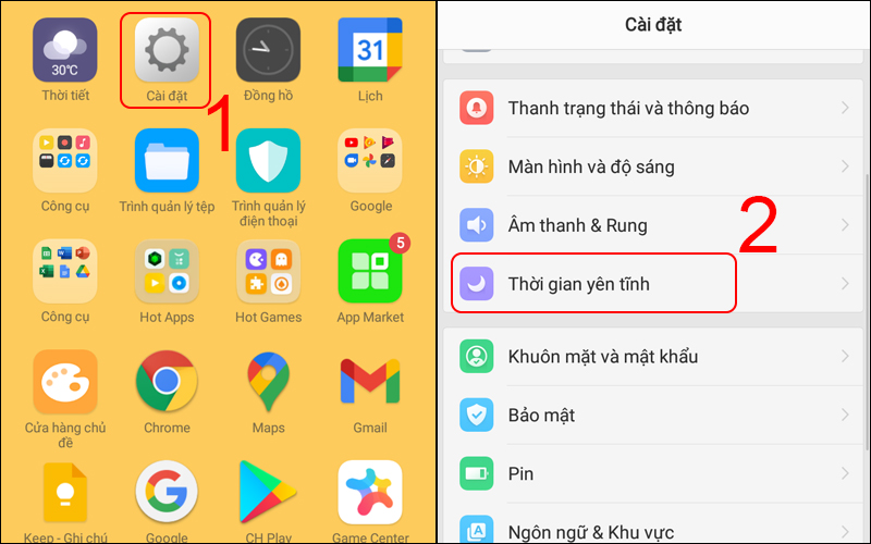 Vào Cài đặt và chọn Thời gian yên tĩnh