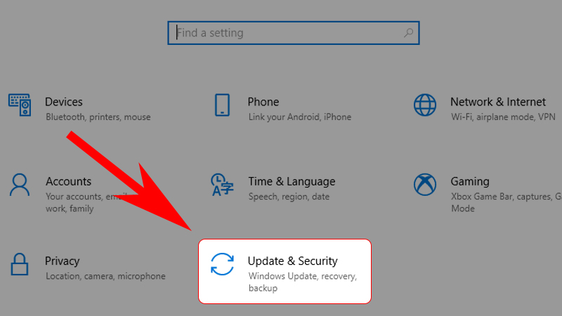 Mở tùy chọn Update & Security trong phần Settings