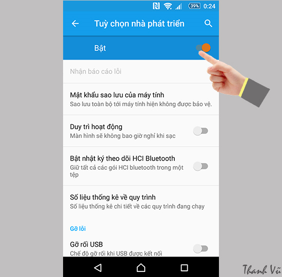 Bẩm đển bật Tùy chọn nhà phát triển