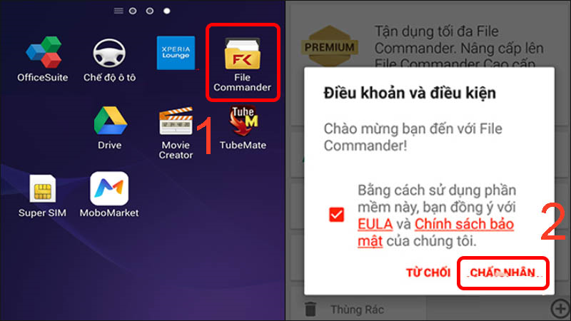 Vào ứng dụng File Commander rồi bấm CHẤP NHẬN các điều khoản