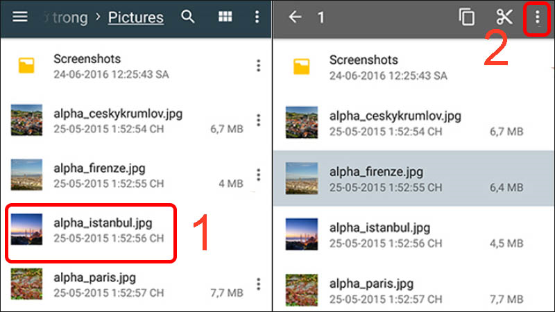 Nhấn giữ vào 1 tấm ảnh rồi nhấn vào biểu tượng dấu 3 chấm