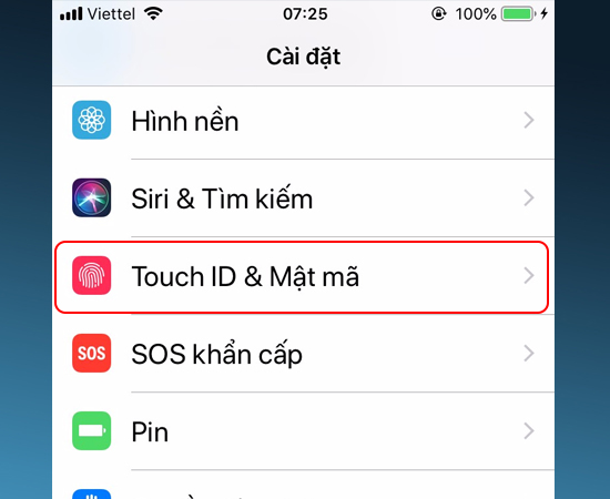 Bước 2: Tiếp theo bạn chọn Touch ID & Mật mã.