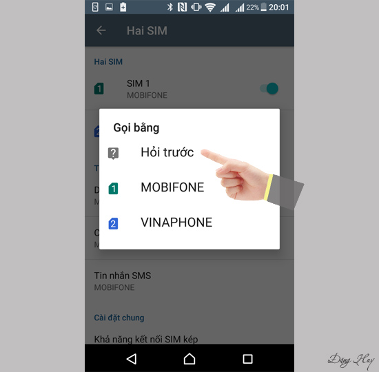 Bước 4: Chọn mặc định khi gọi hoặc luôn hỏi sim khi thực hiện cuộc gọi.