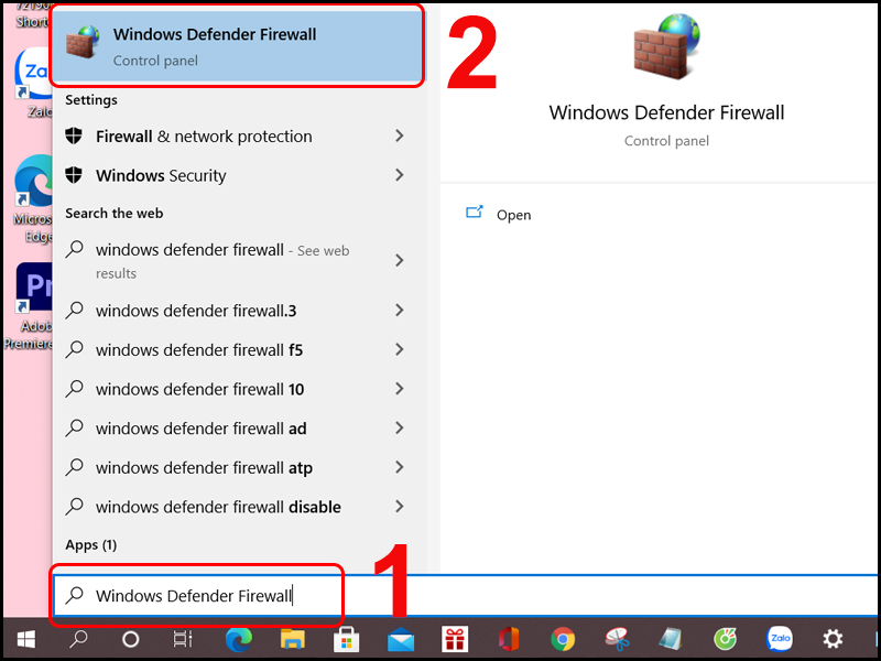Truy cập Windows Defender Firewall từ nút Start trên máy tính