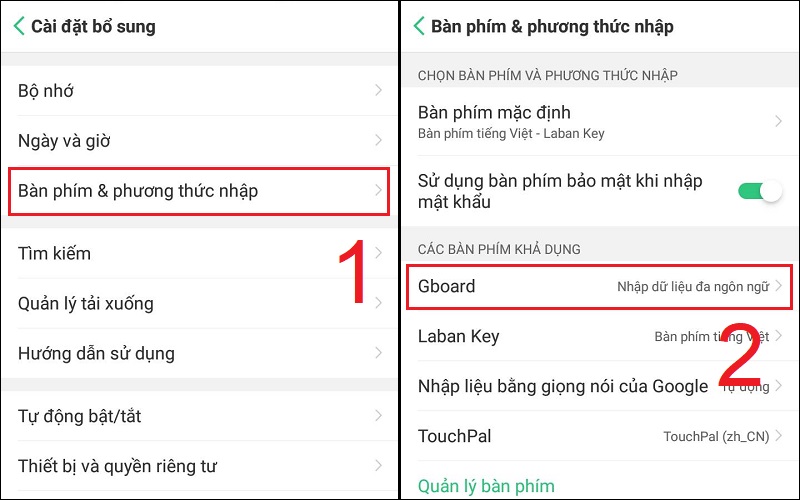 Chọn bàn phím đang sử dụng trong mục Bàn phím và phương thức nhập