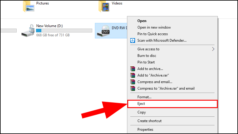 Click chuột phải vào biểu tượng ổ đĩa > Chọn Eject.