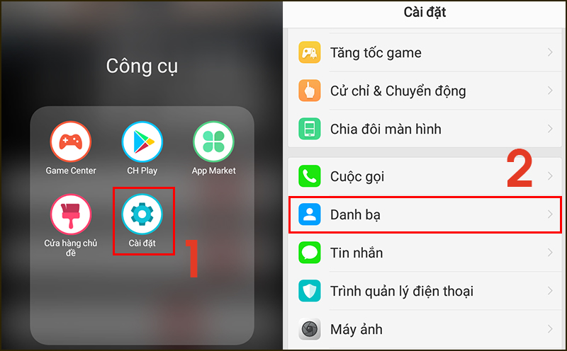 V&agrave;o C&agrave;i đặt > Chọn Danh bạ