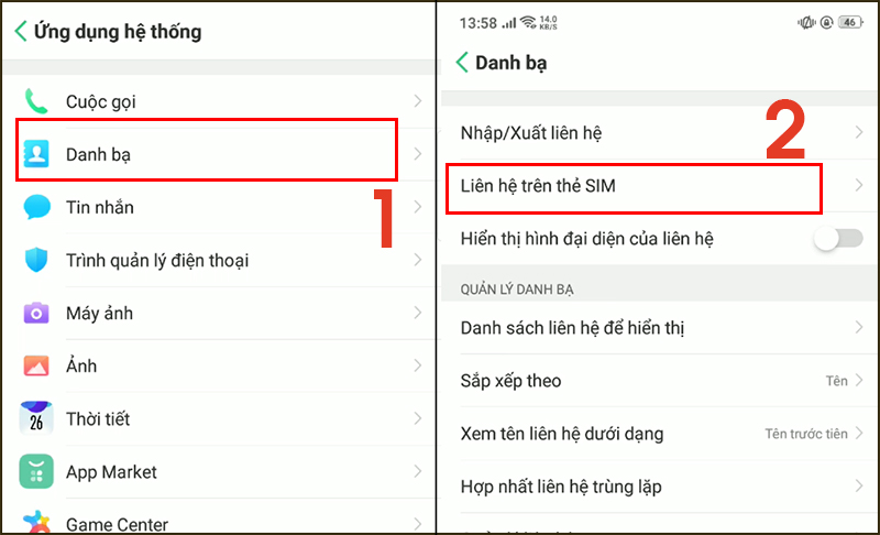 Chọn Liên hệ trên thẻ Sim trong Danh bạ