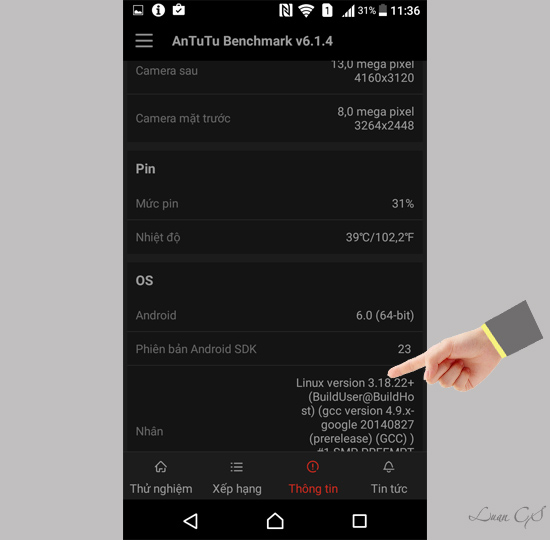 Th&ocirc;ng tin về Pin, nhiệt độ, phi&ecirc;n bản SDK ...