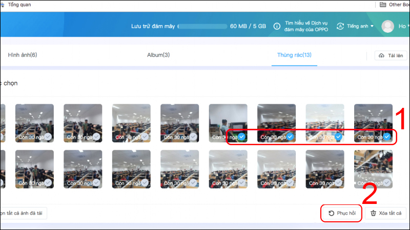 Chọn hình ảnh, video muốn khôi phục và nhấn Phục hồi