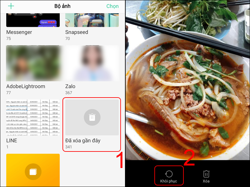 Chọn mục Đã xóa gần đây và chọn hình ảnh, video muốn khôi phục