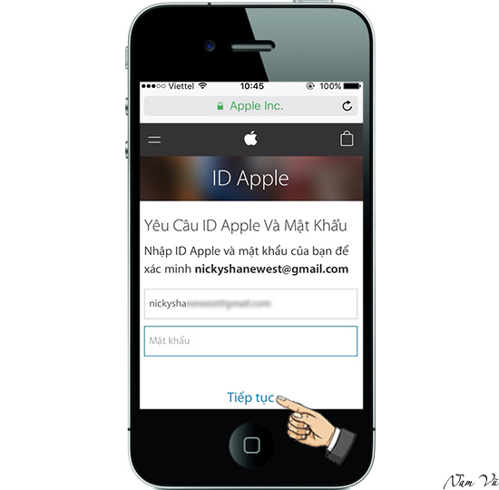 Máy sẽ yêu cầu bạn nhập lại mật khẩu Apple ID lần nữa, sau đó bấm "Tiếp tục".