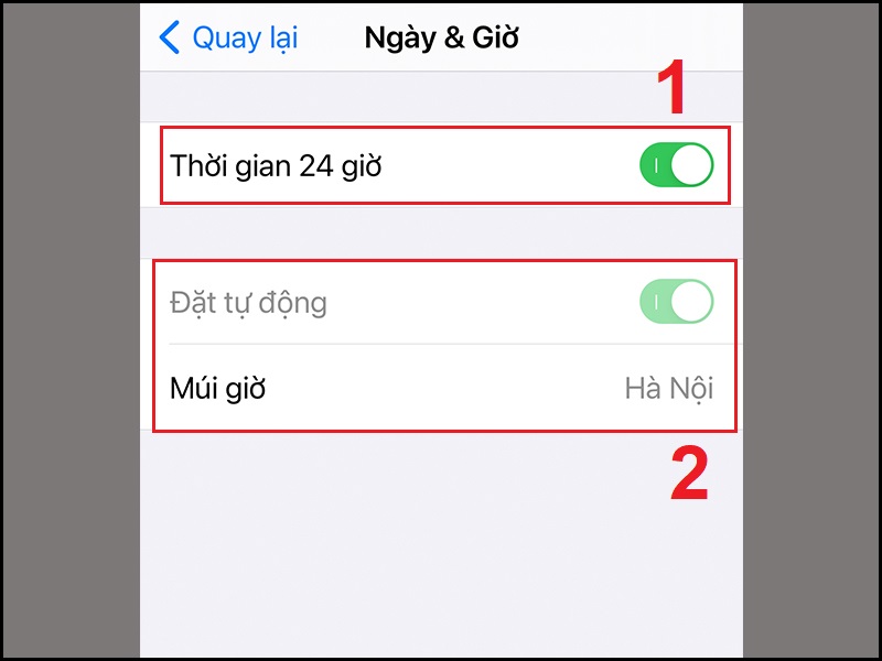 Bật Thời gian 24 giờ và chọn múi giờ tại Hà Nội