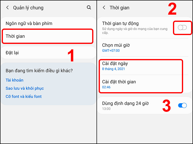 Chọn vào Thời gian và tắt Thời gian tự động