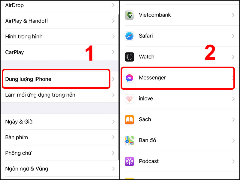 Vào Dung lượng iPhone và chọn ứng dụng Messenger